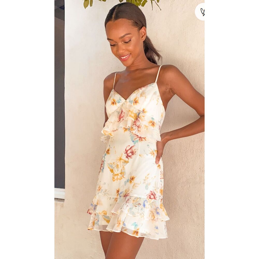 Lulus Sip of Chardonnay Cream Floral Print Ruffled Mini Dress Strappy Lined XL